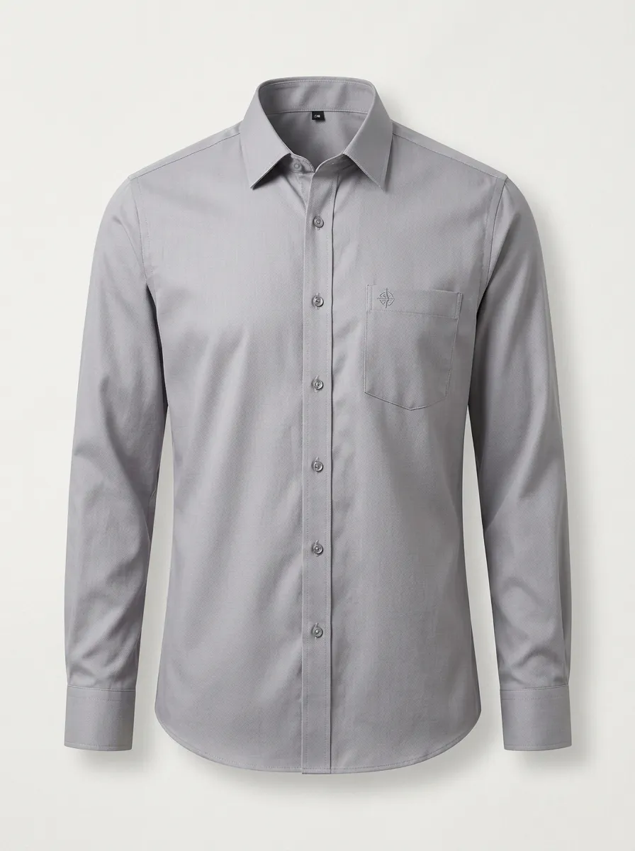 Men's Non-Iron Cotton Grey Logo Embroidered Long Sleeve Shirt