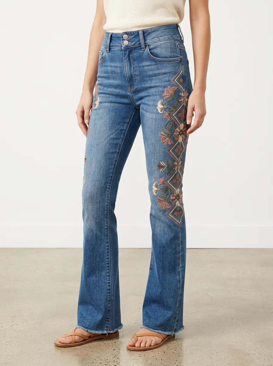 Women's Medium Wash Floral Embroidery High-Rise Flare Jeans