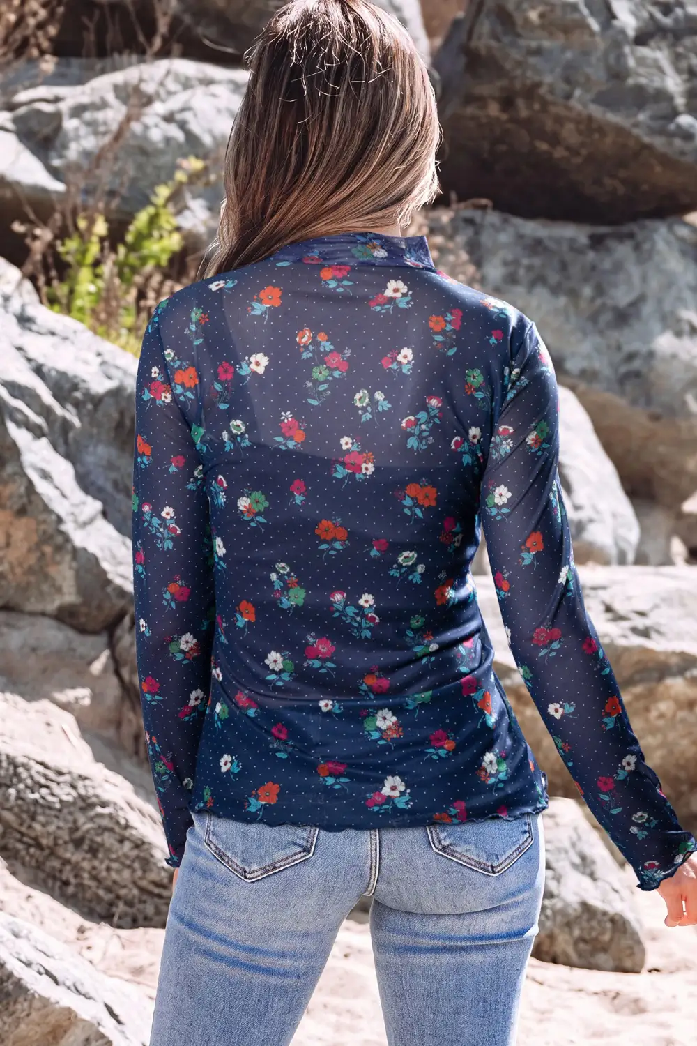 Polka Dot Mesh Long Sleeve Top
