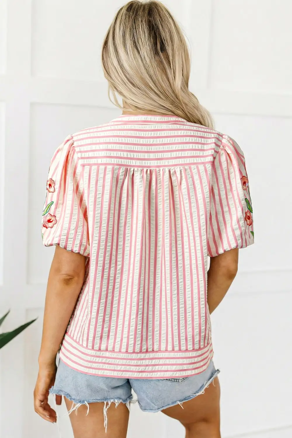 Women's Striped Embroidered V Neck Top