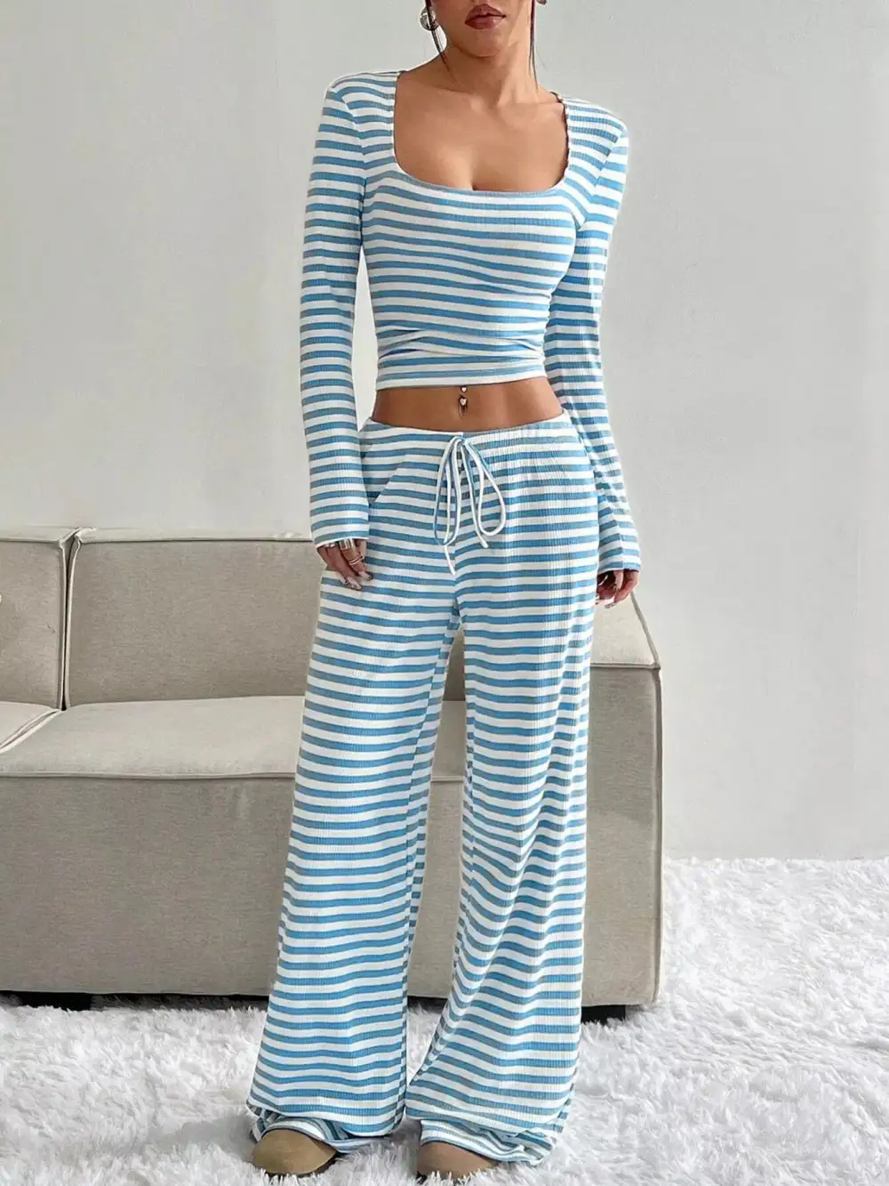Striped Long Sleeve Crop Top & Wide Leg Pants