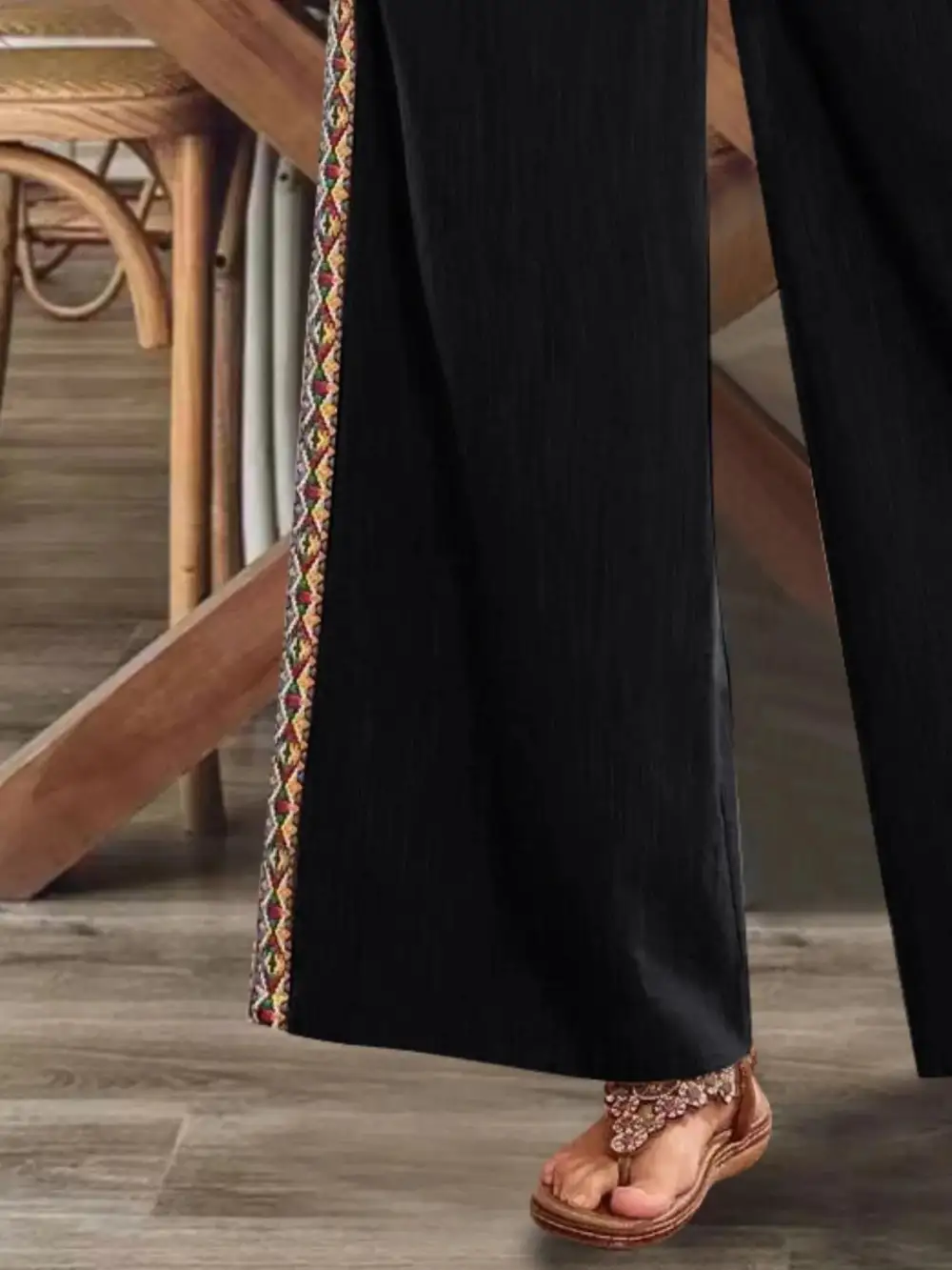 Bohemian Wide-Leg Embroidered Side Stripe Pants