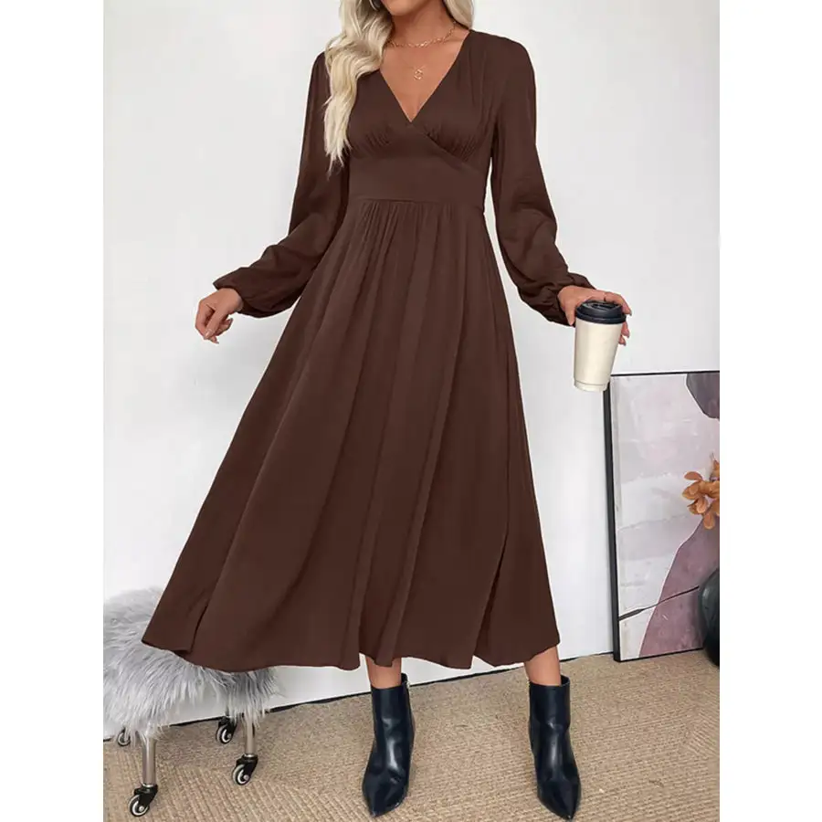 Neck V-Neck Balloon Sleeve Midi Dress