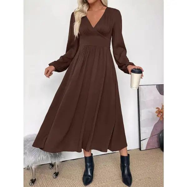 Neck V-Neck Balloon Sleeve Midi Dress