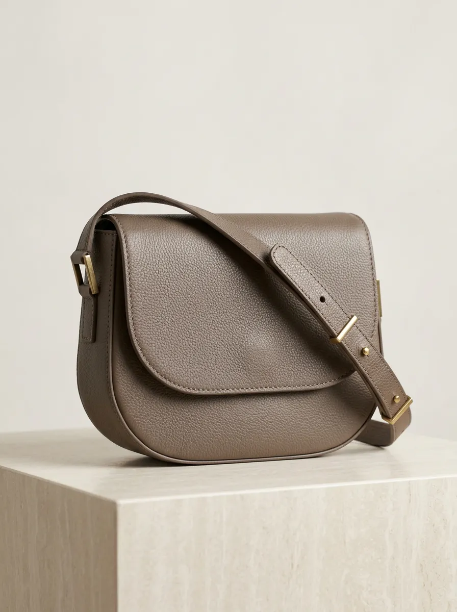 Women's Minimalist Taupe Pebble Grain Leather Crossbody Bag