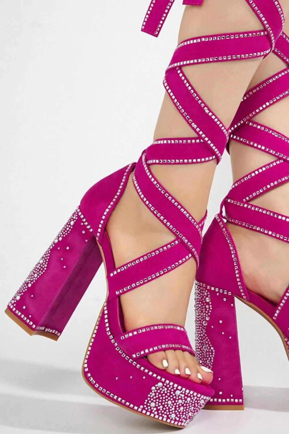 Rhinestone Embellished Lace Up Chunky