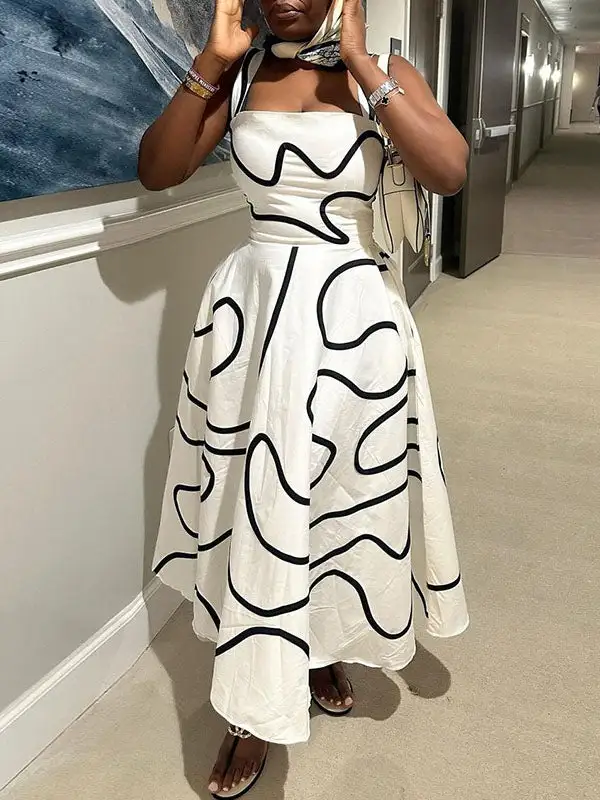 Pockets Printed Neck Maxi Dress