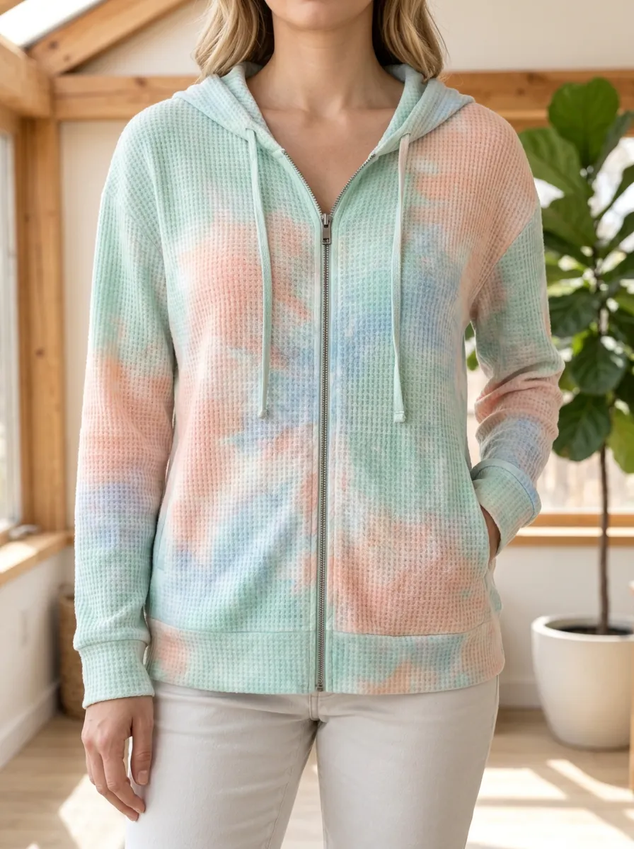 Women's Pastel Tie-Dye Signature Print Waffle Zip-Up Hoodie