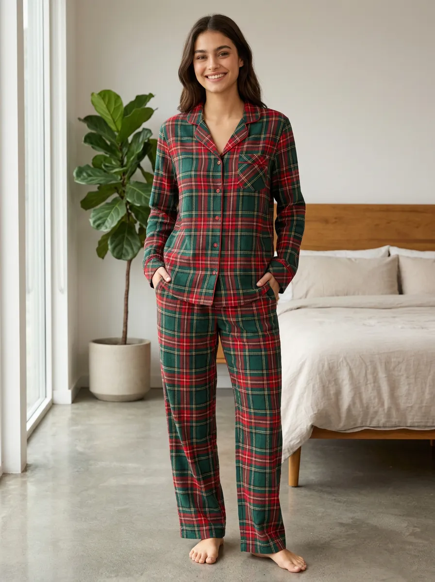 Women's Brushed-Look Plaid Button-Front Loungewear Set