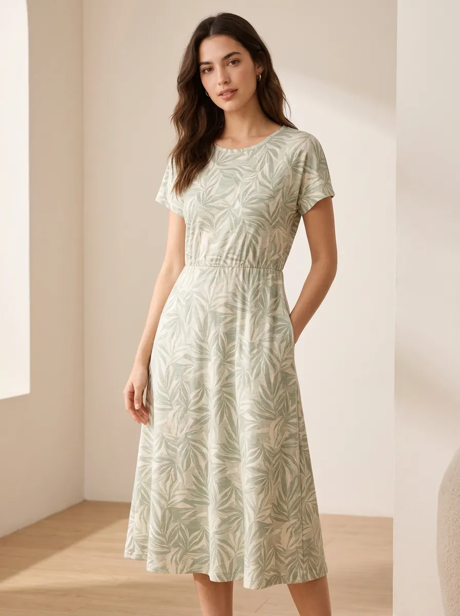 Women's Casual Botanical Leaf Printed Midi Dress