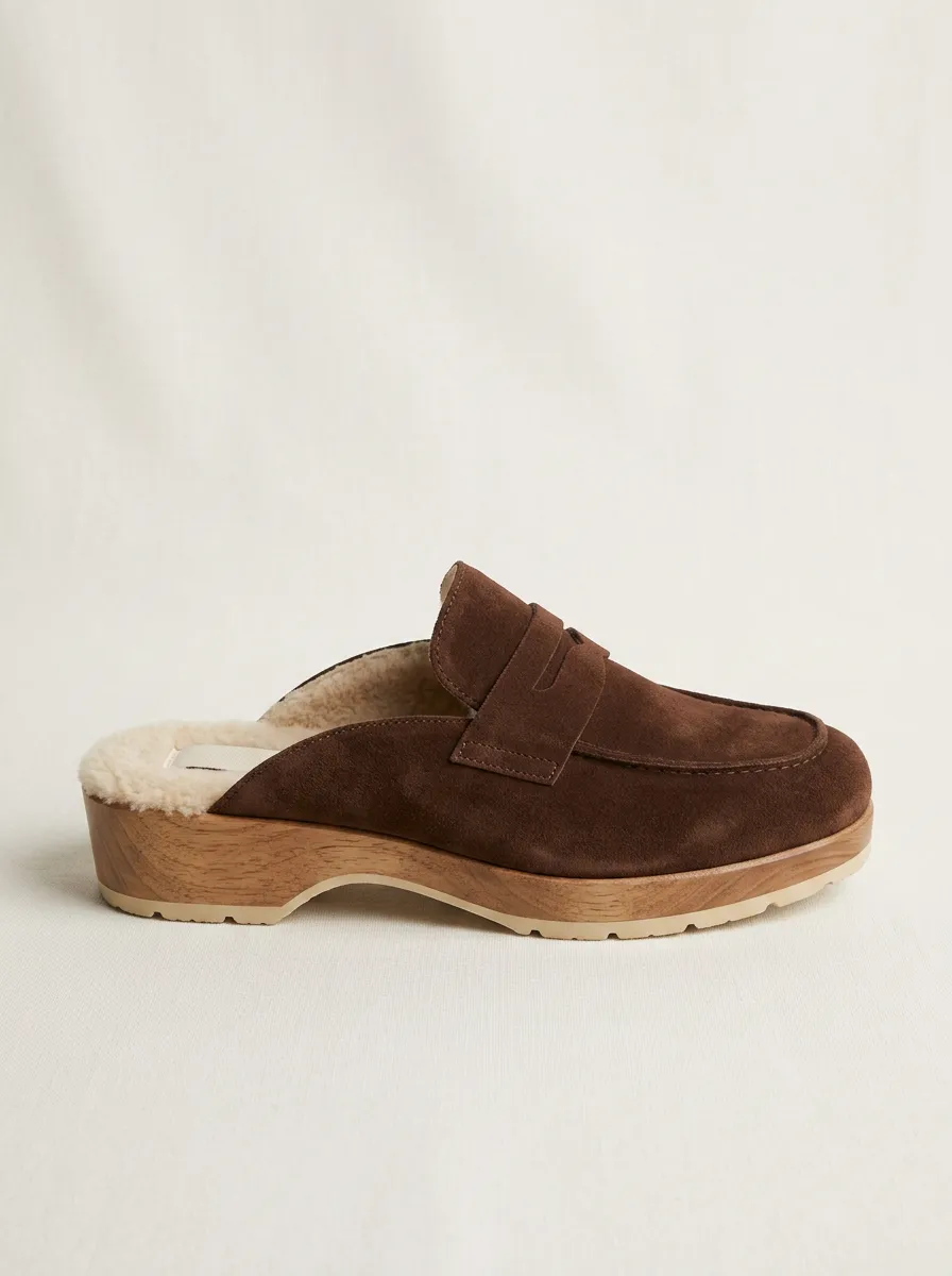Women's Faux Fur Lined Clog Style Suede Wood Sole Loafers