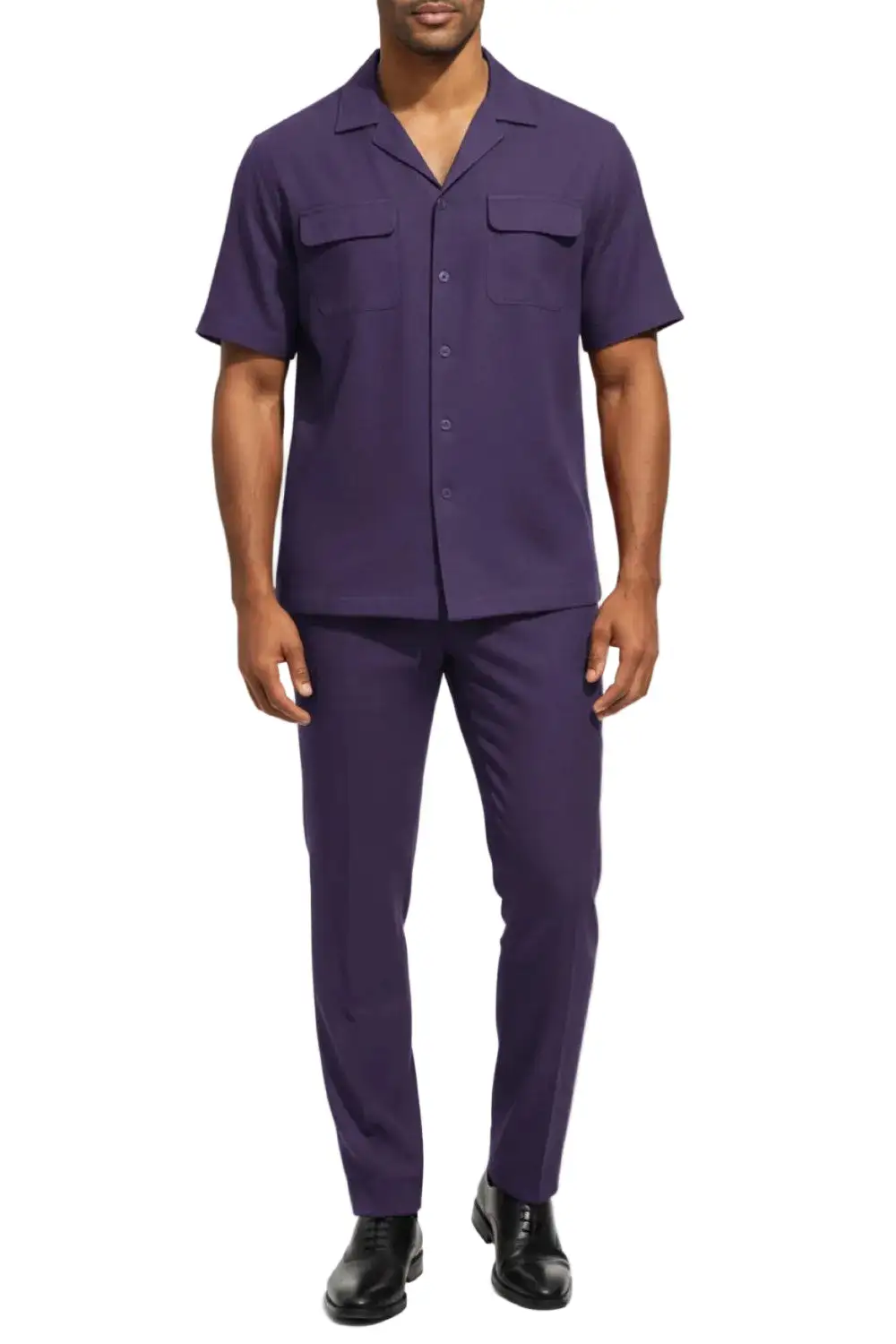 Purple Regular Fit Linen Flat Front Short Sleeve Walking Suit Set