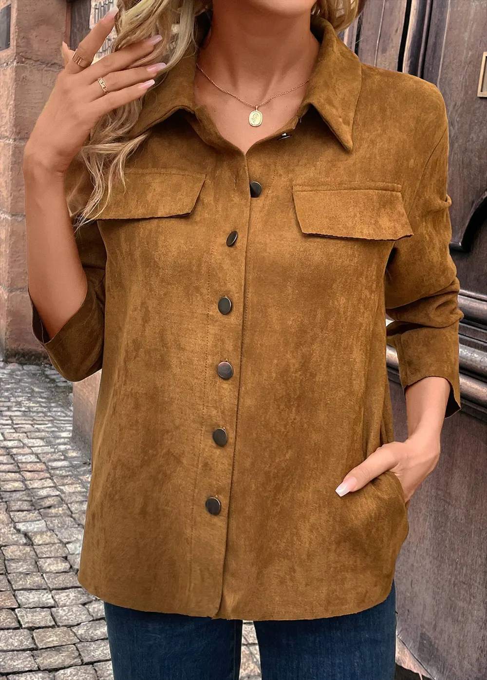 Dark Camel Pocket Long Sleeve Turn Down Collar Coat
