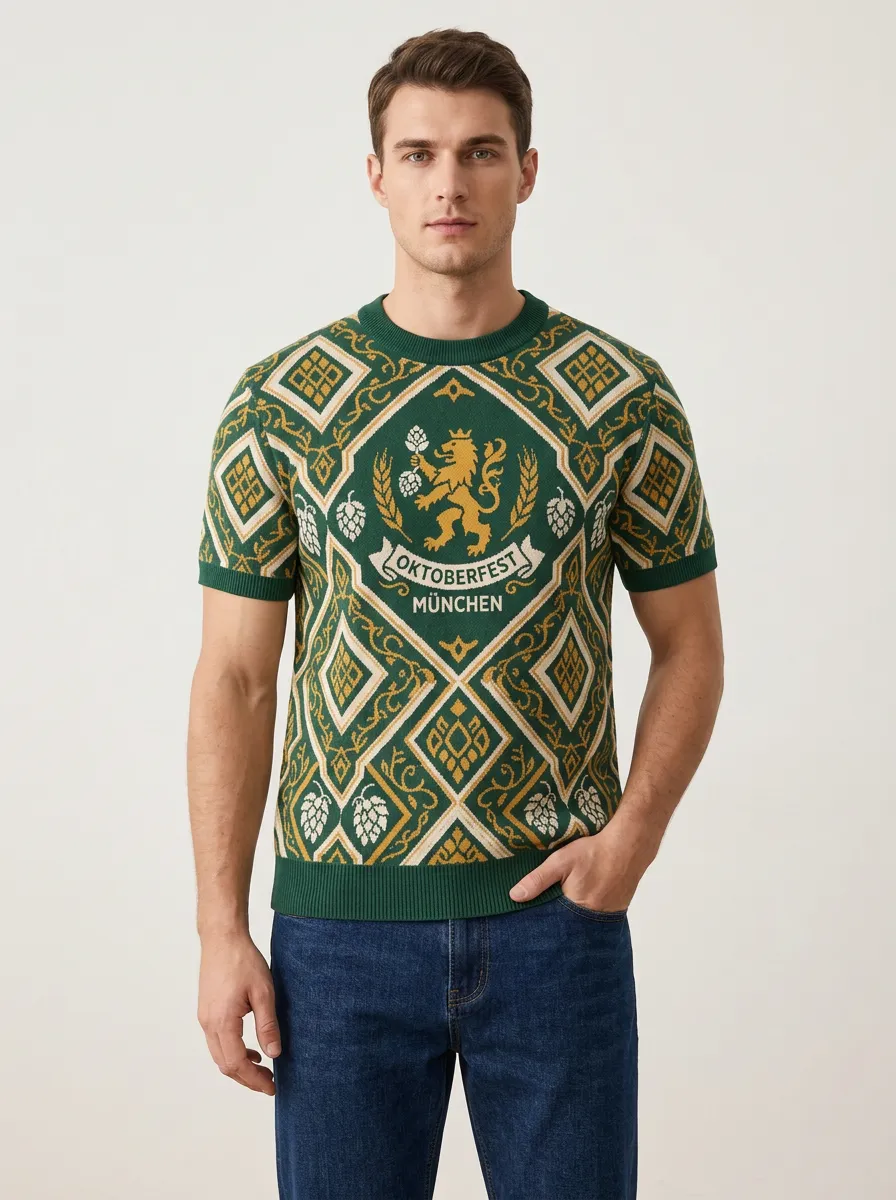 Men's Oktoberfest Beer Festival Lion Hop Pattern Printed Knit T-shirt