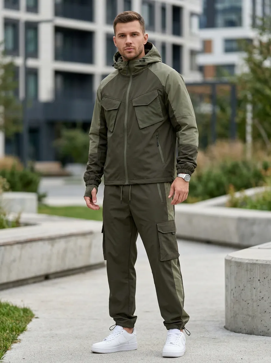 Hooded Cargo Detail Tactical-Inspired Unisex Zip Hoodie Tracksuit Set