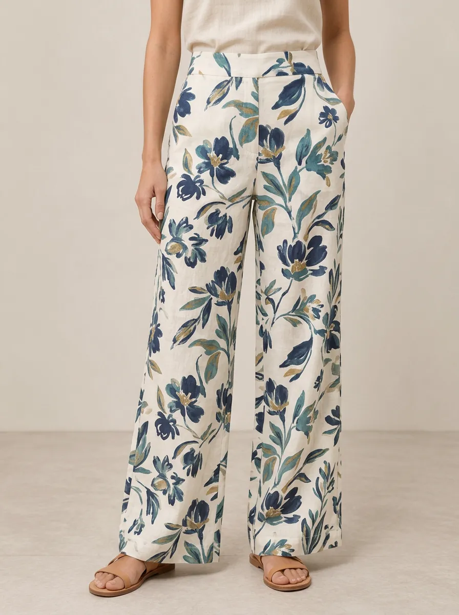Women's Weekend Ready Botanical Floral Printed Wide Leg Pants
