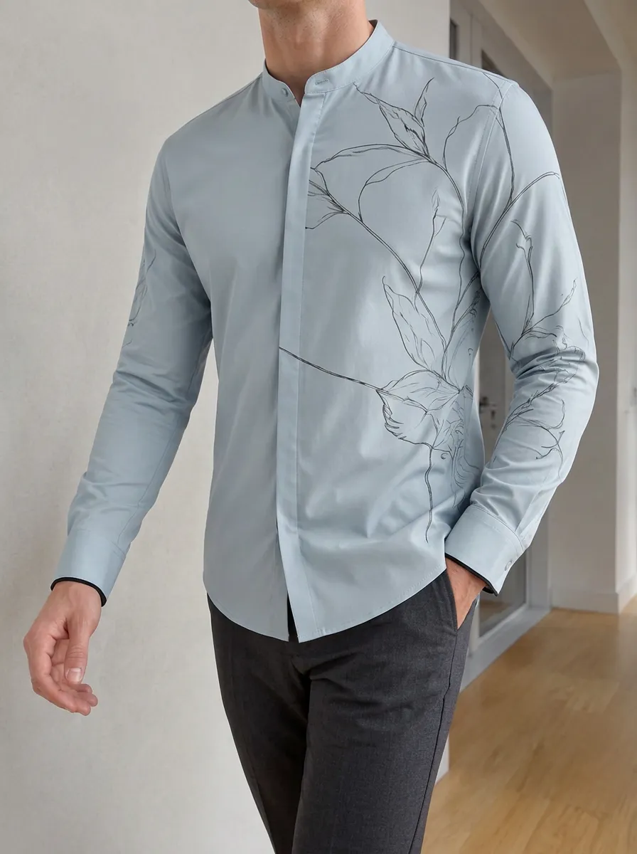 Men's Sleek Floral Line Art Long Sleeve Mandarin Collar Slim Fit Shirt
