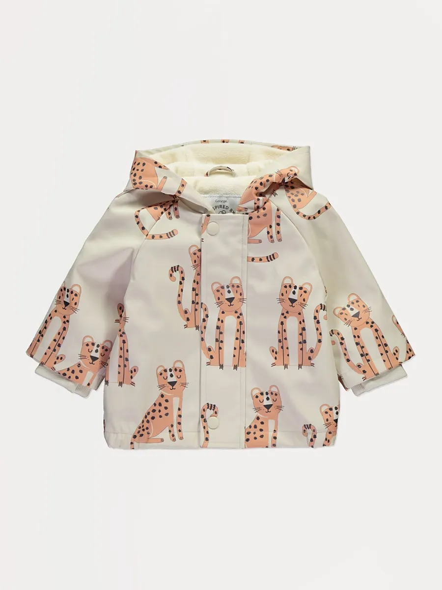 Cream Cheetah Fleece Lined Hooded Fisherman Jacket