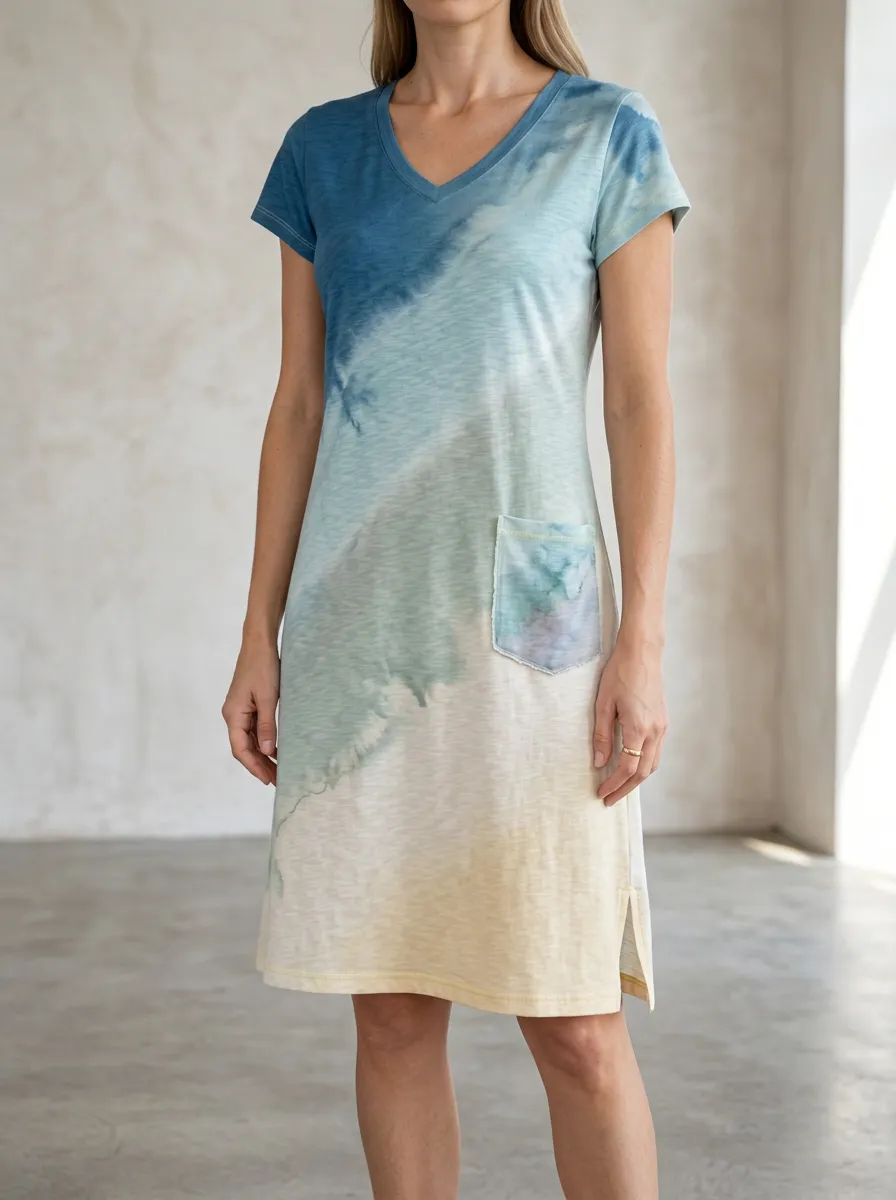 Women's Casual Summer Tie-Dye Printed V-Neck Pocket Dress