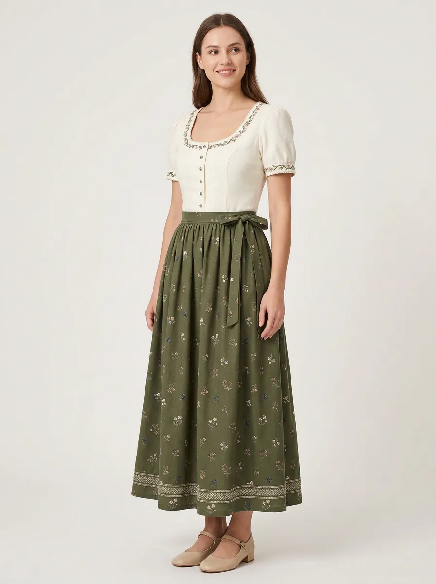 Women's Bavarian-Inspired Floral Tie-Waist Midi Skirt Set