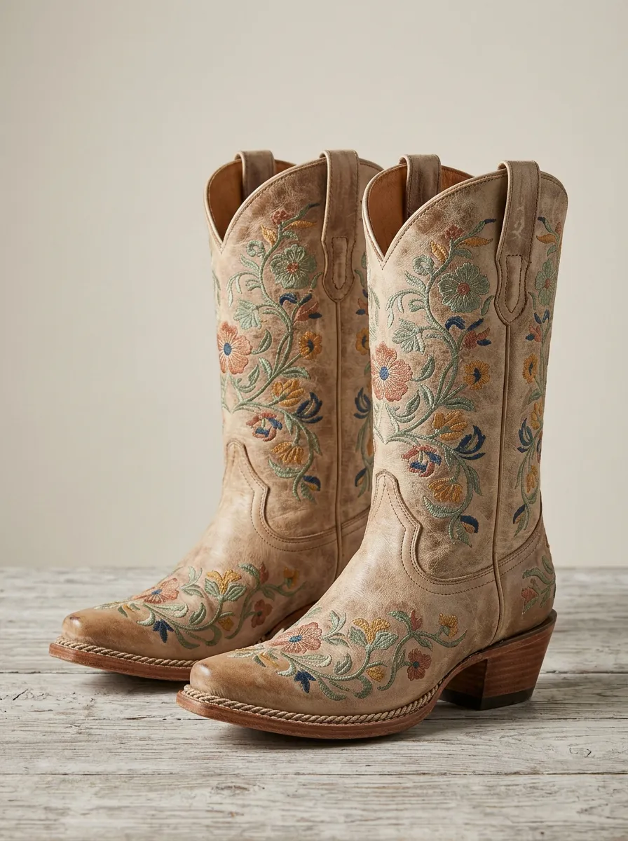 Unisex High-Plains Floral Embroidered Heritage Look Western Cowboy Boots