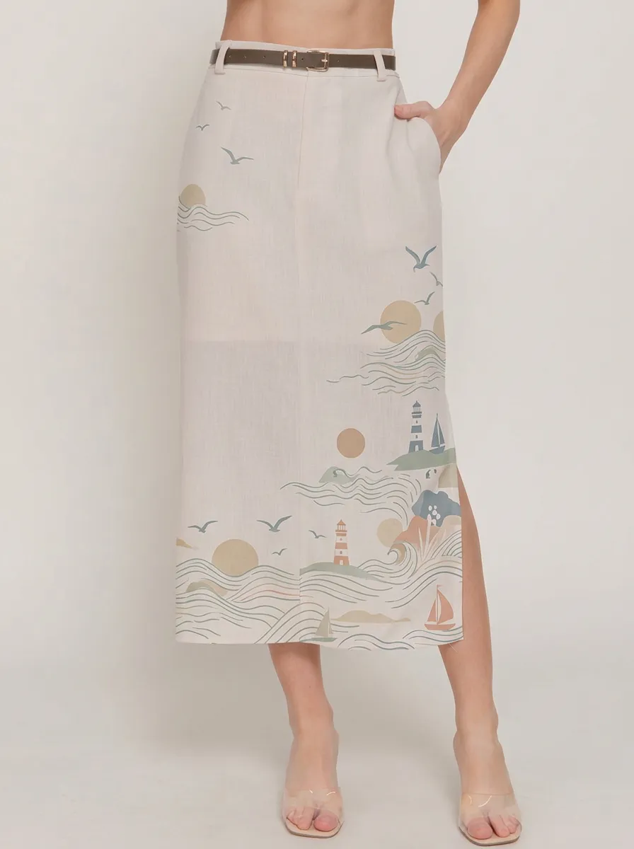 Women's Coastal Nautical Lighthouse Ocean Printed Midi Skirt
