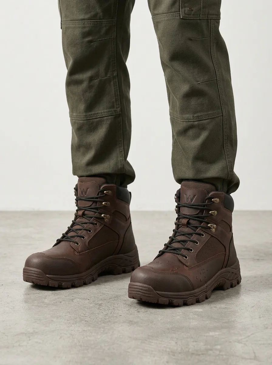 Unisex Waterproof Brown Leather Waterproof Construction Printed Work Boots