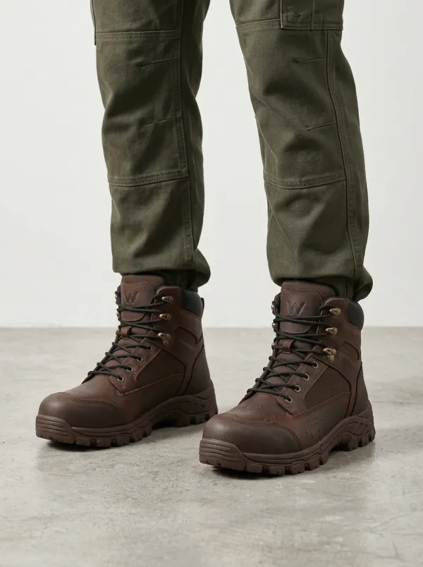 Unisex Waterproof Brown Leather Waterproof Construction Printed Work Boots