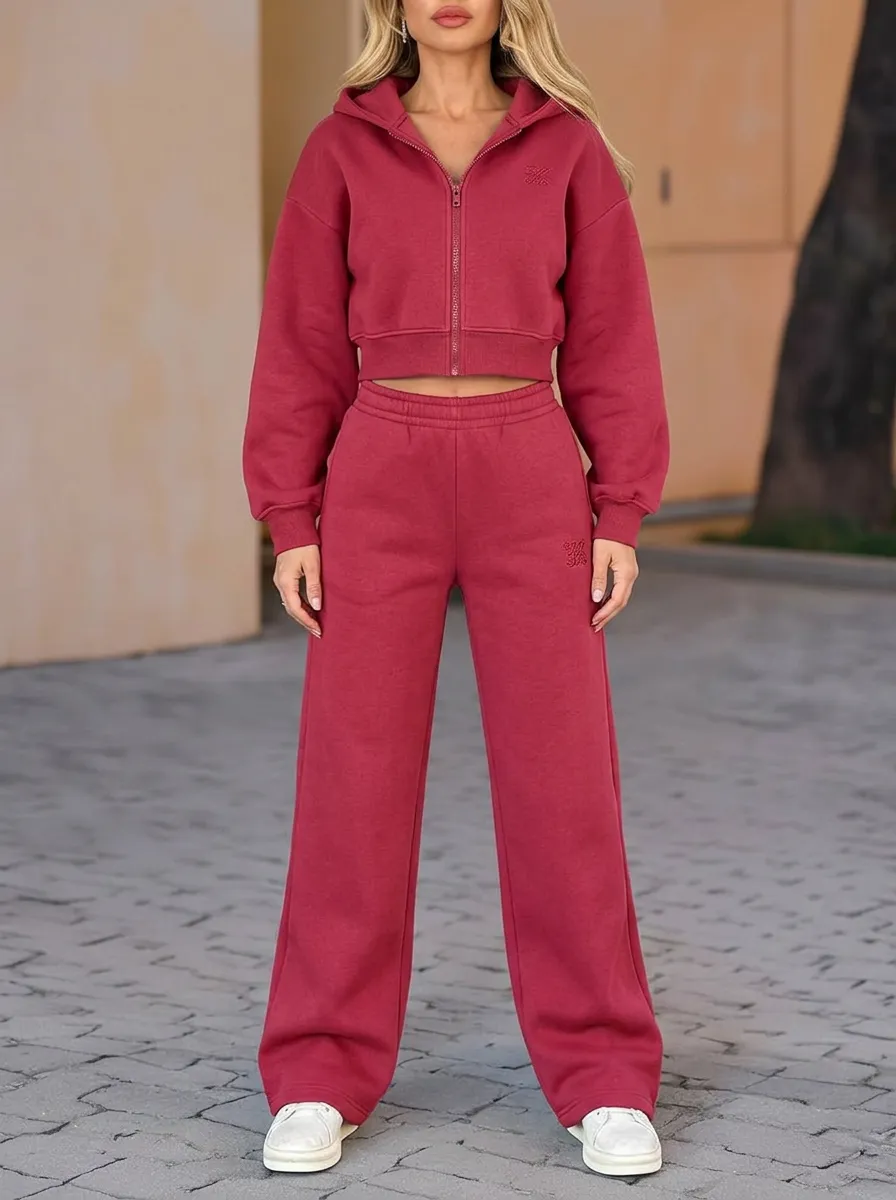 Women's Embroidered Zip-Up Hoodie & Wide-Leg Pants Set
