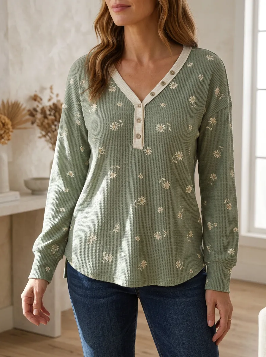 Women's Meadow Floral Pattern Waffle Knit Printed Top Button V-Neck T-Shirt