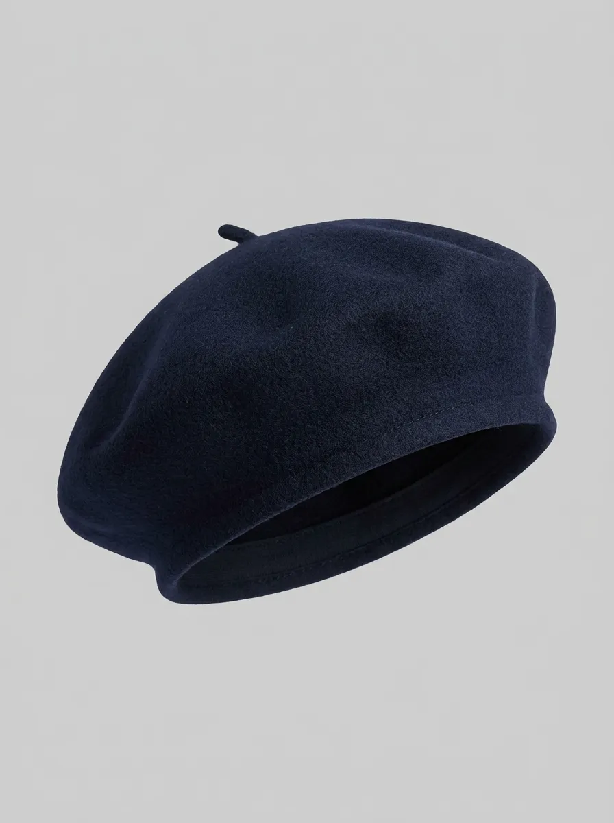 Unisex Minimalist Navy Blue Wool-Blend Beret
