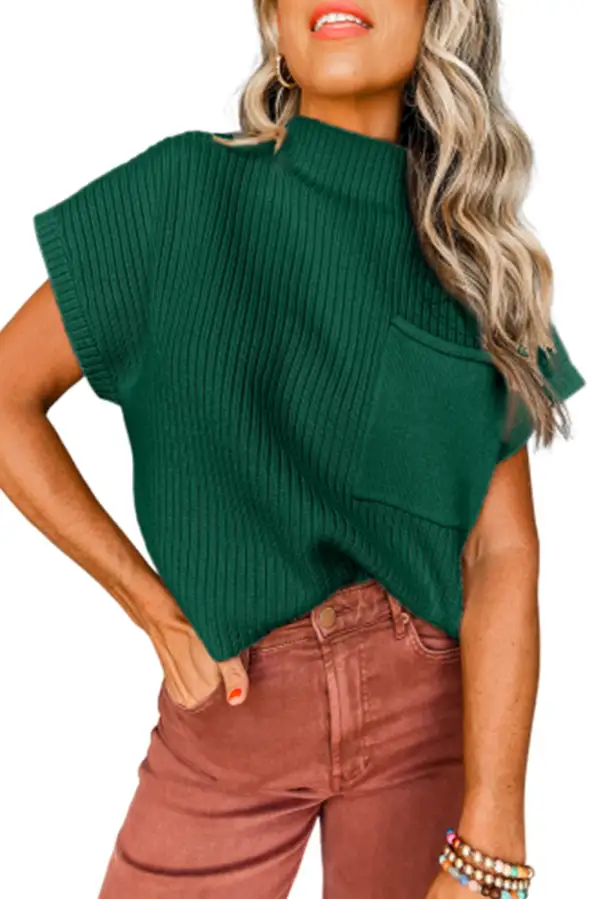 Patch Pocket Ribbed Knit Short Sleeve Textured Layer Sweater