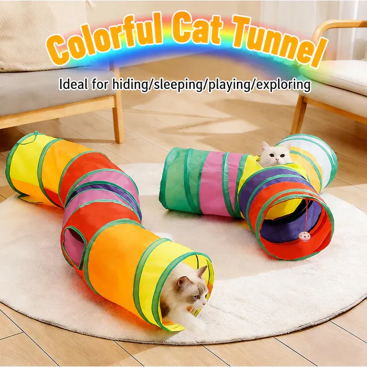 Foldable Rainbow Cat Tunnel Pet Toys With Hanging Balls Dog Toy Mainan Kucing Terowong