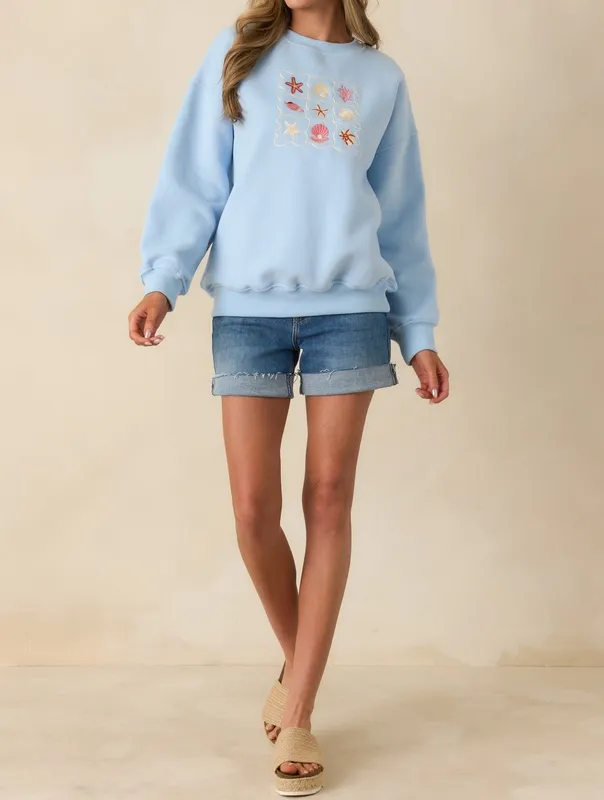 Light Blue Embroidered Crewneck Sweatshirt