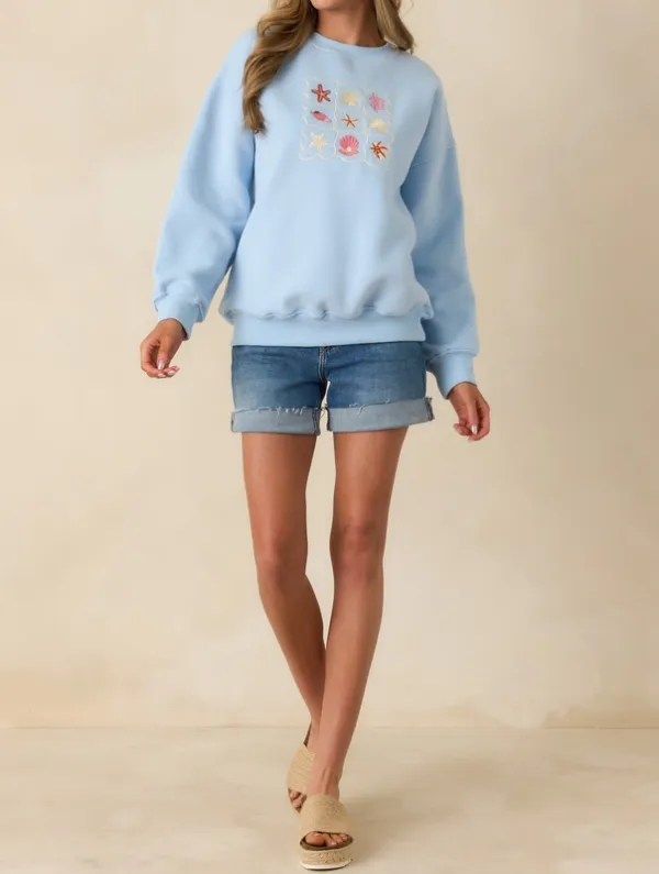 Light Blue Embroidered Crewneck Sweatshirt