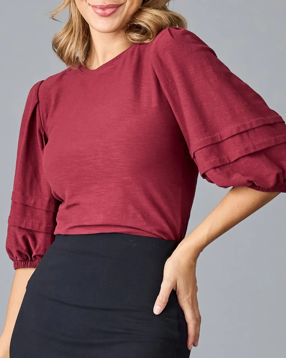Wine Red Ruffled Three Quarter Sleeves Blouse