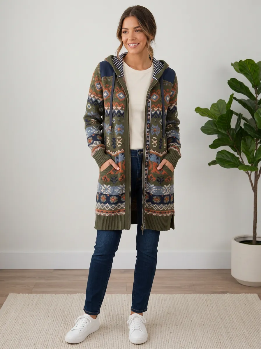 Women's Boho Winter Fair Isle Patterned Hooded Cardigan