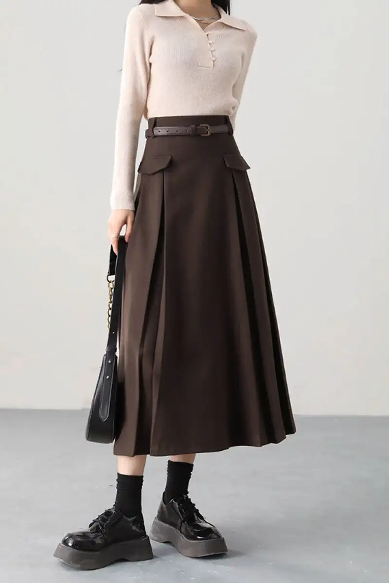 Artful Wool Blend A Line Pocketed Midi Skirt
