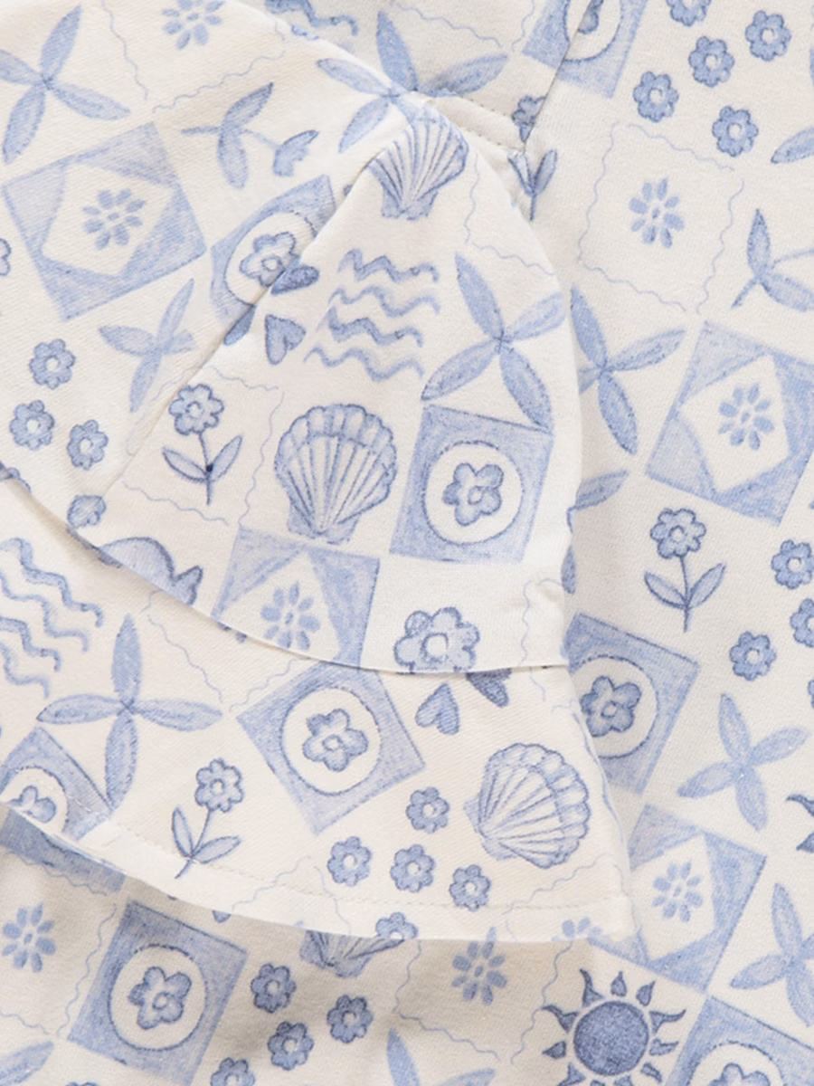 Blue Tile Print Romper and Hat Outfit detail 1