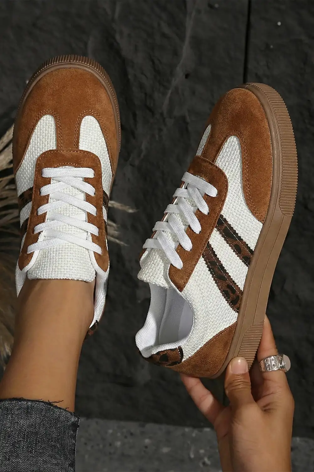 Textured Leopard Leather Woven Patchwork Casual Sneakers