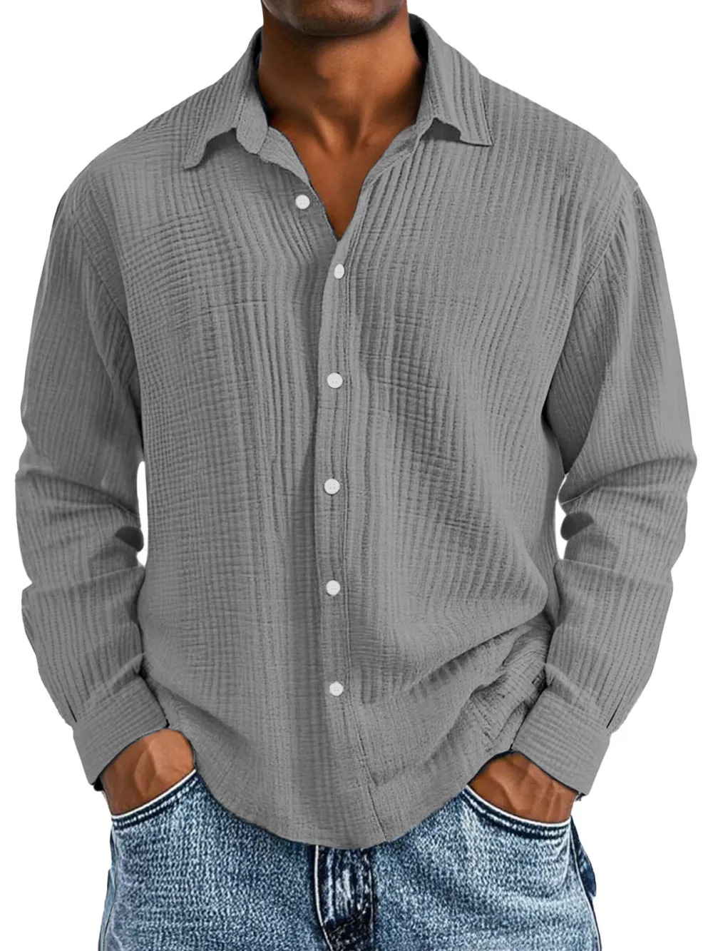 Layered Long Sleeve Camp Collar Pleated Front Shirt