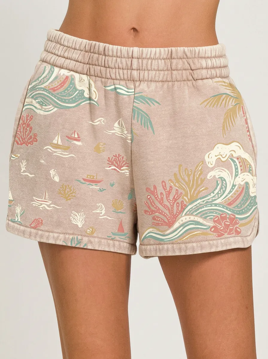 Women's Beach Vacation Ocean Wave Coral Boat Printed Shorts