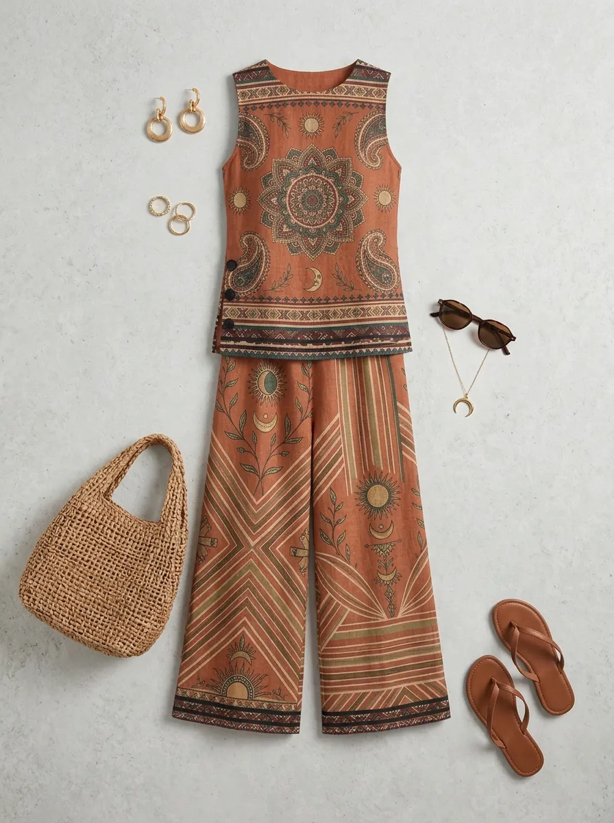 Women's Bohemian Mandala Sun Moon Printed Sleeveless Set