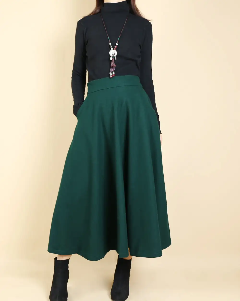 Pocketed Wool Flared Maxi Skirt