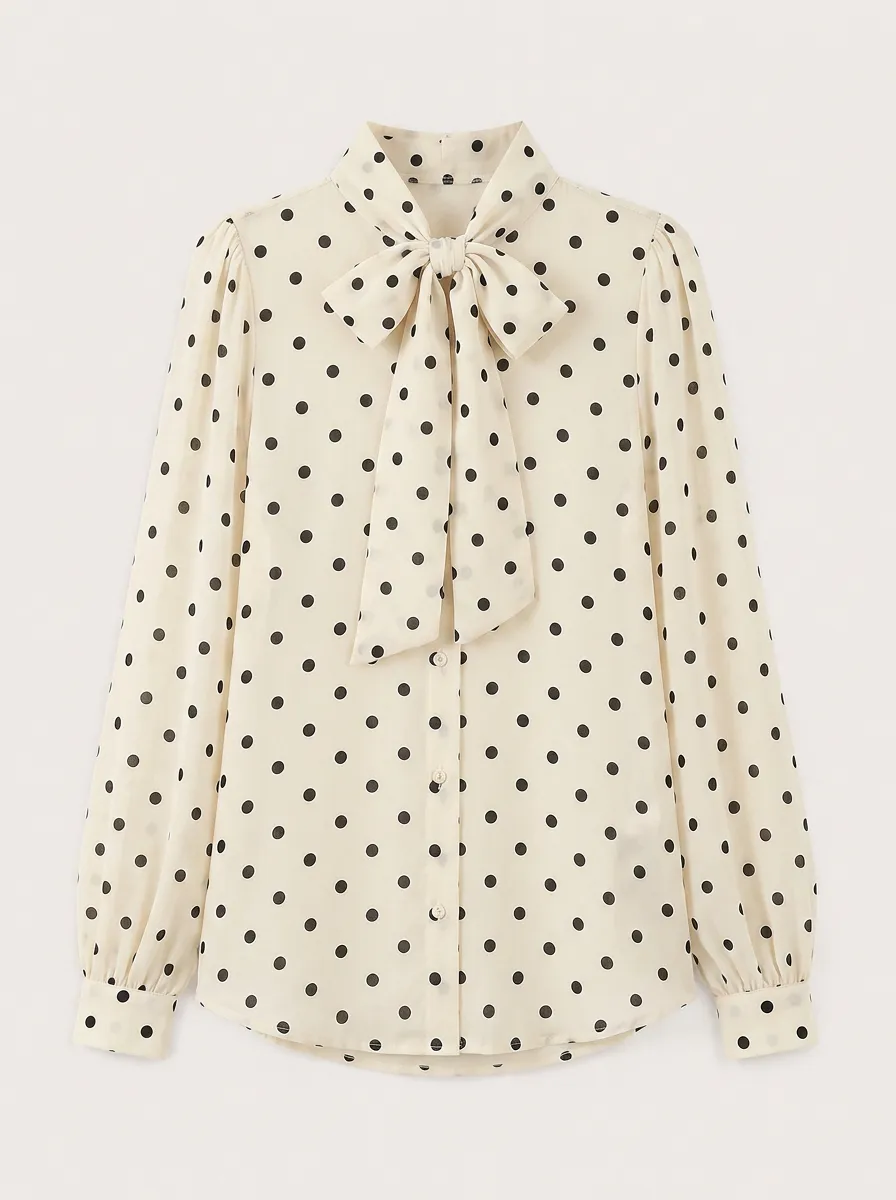 Women's Short Sleeve Vintage Polka Dot Bow Tie Printed Blouse