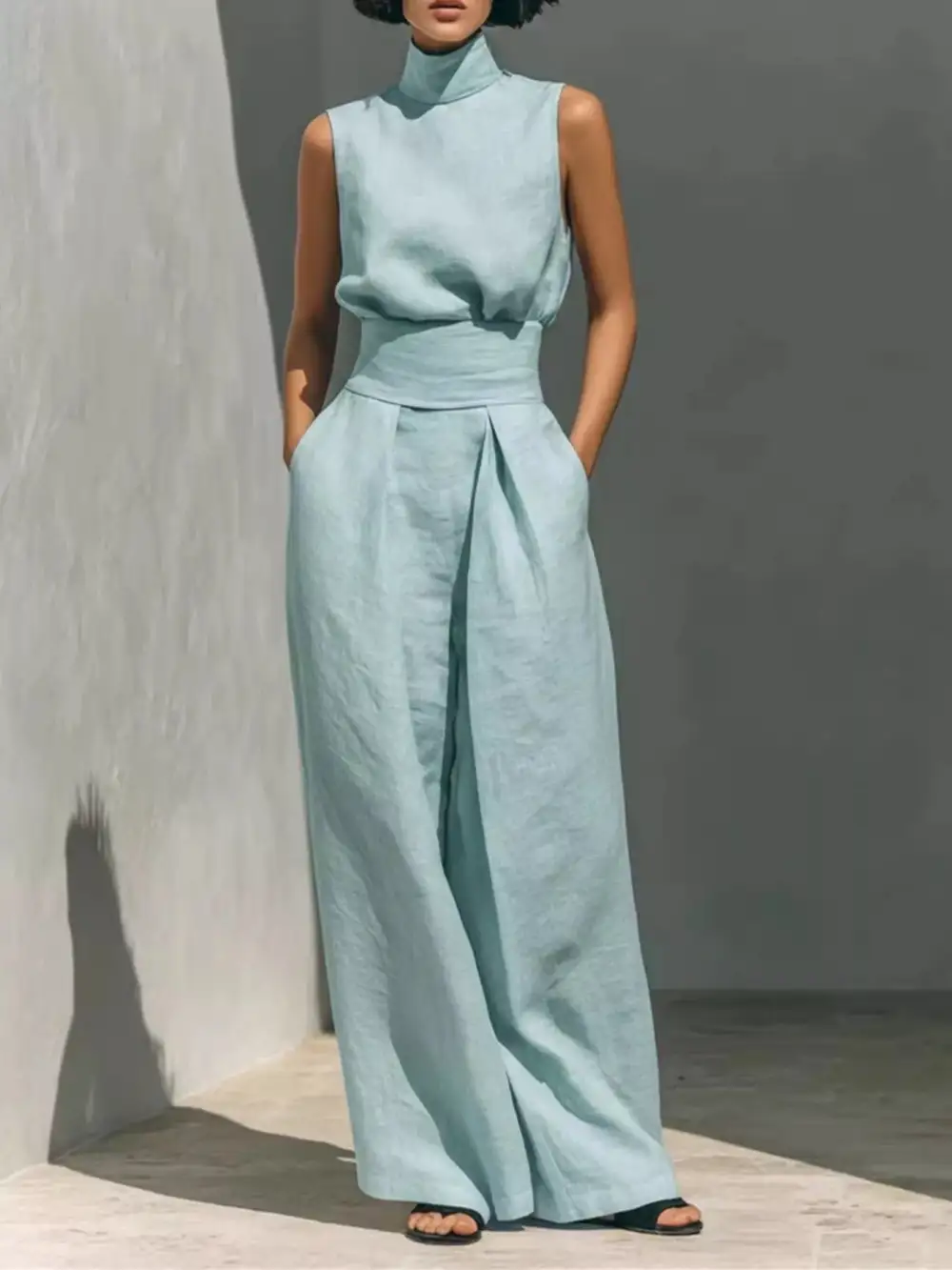 Turtleneck Sleeveless Top and Wide Leg Pants Set