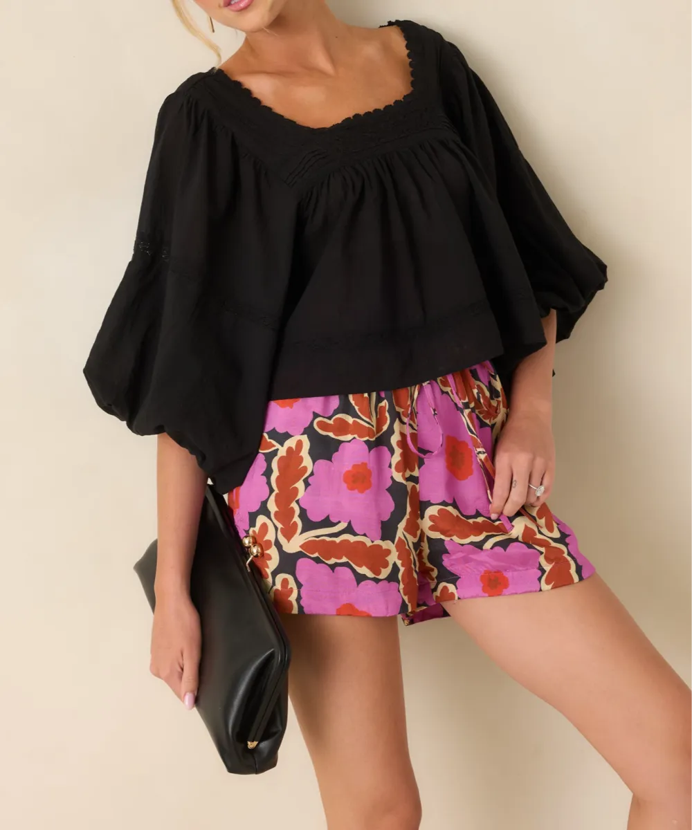 Long-Sleeve Puff-Sleeve Scalloped Cotton Blouse