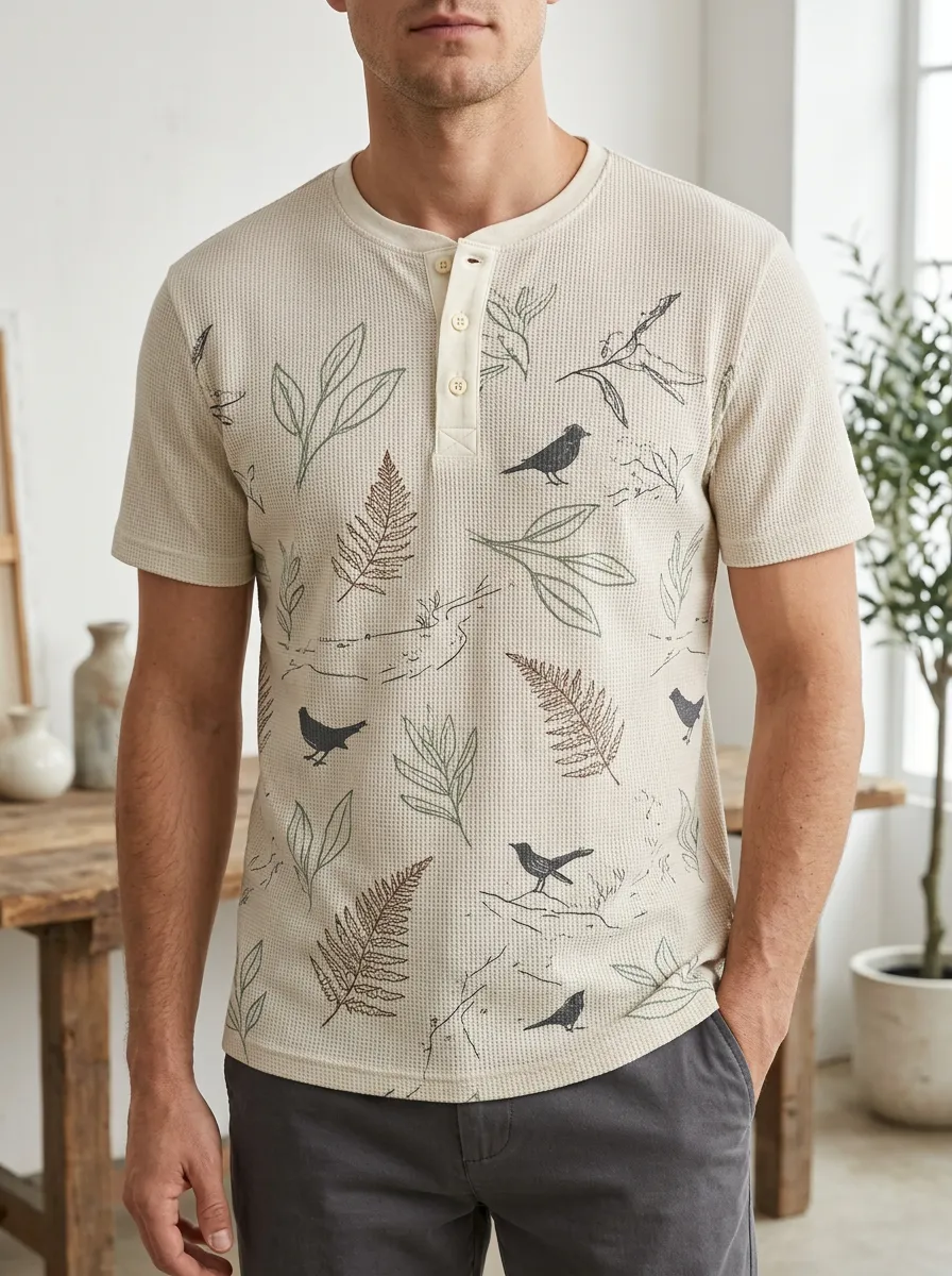 Men's Nature Lover Bird and Fern Printed Henley T-shirt