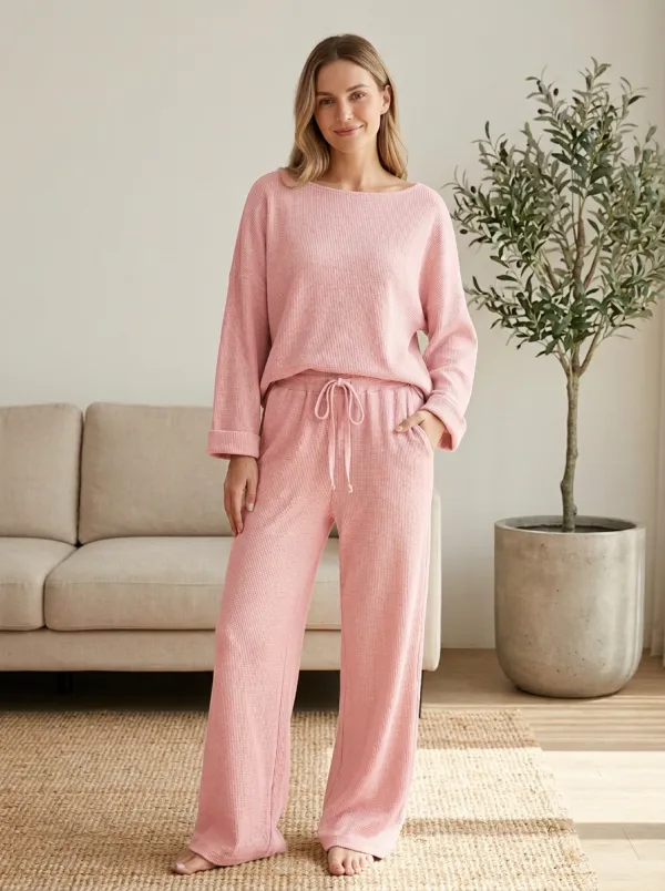 Women's Casual Loungewear Beige Waffle Knit Drawstring Lounge Set