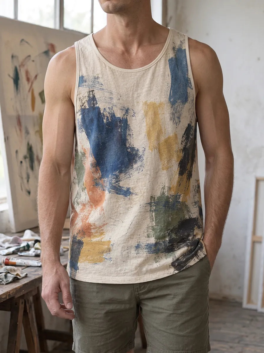 Men's Abstract Art Brushstroke Bound Neck Tank Top